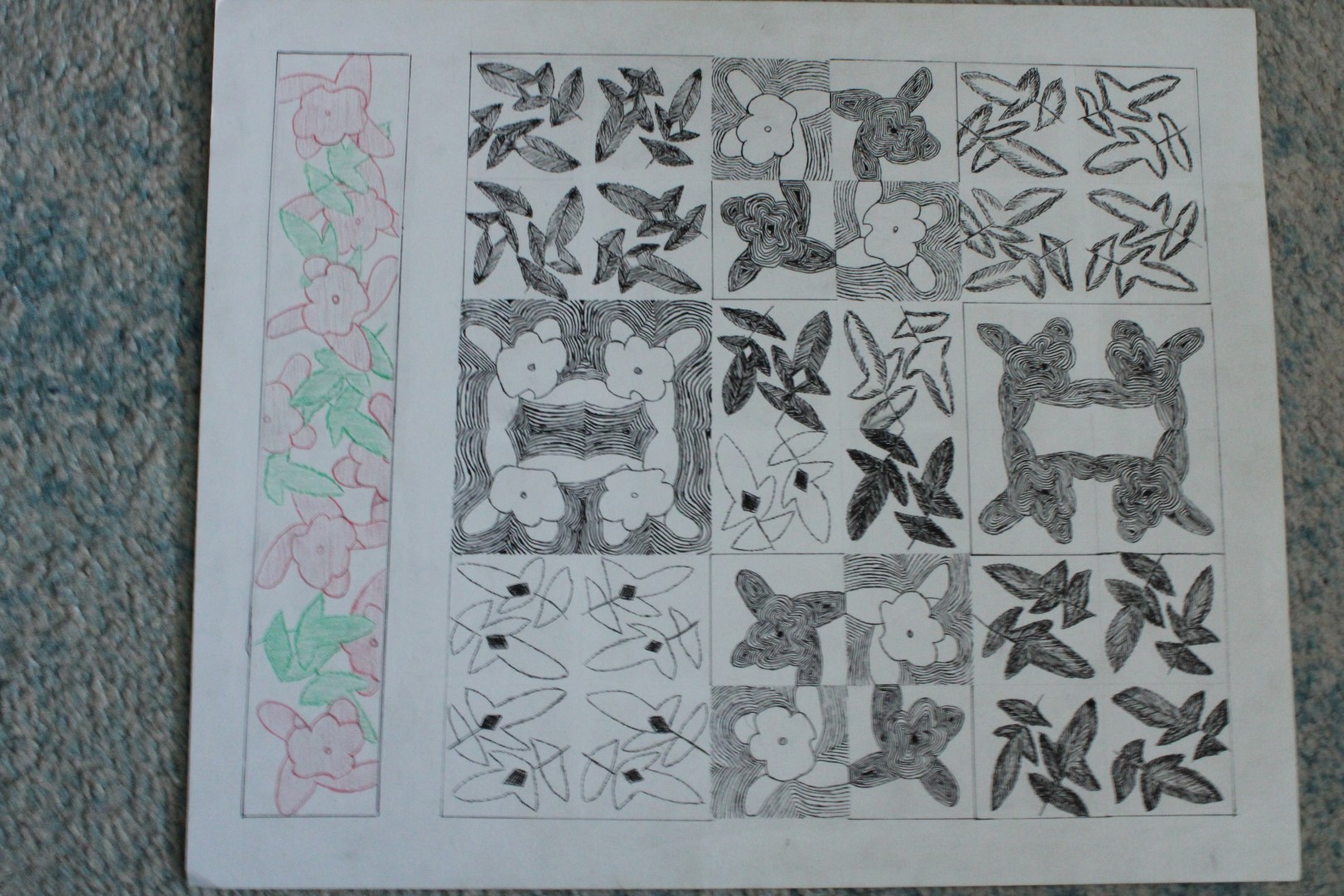 9 flower and leave sketch in radial patterns in a 3x3 grid, and a colored version of the original fowers in a 1x3 height at the far left